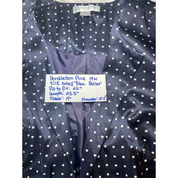 Pendleton Women's Plus 14w Navy Polka Dot Blazer 3/4 Sleeve Open Front - Picture 7 of 8